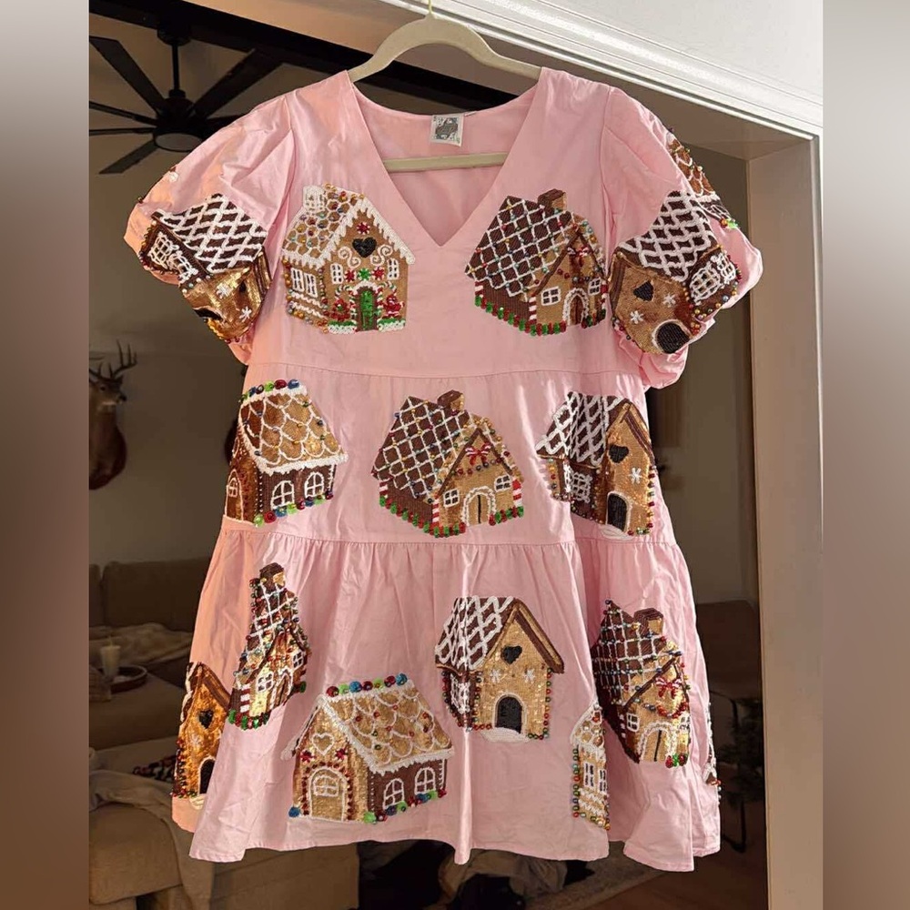 QUEEN OF SPARKLES Pink Dress with Gingerbread Sequin Design